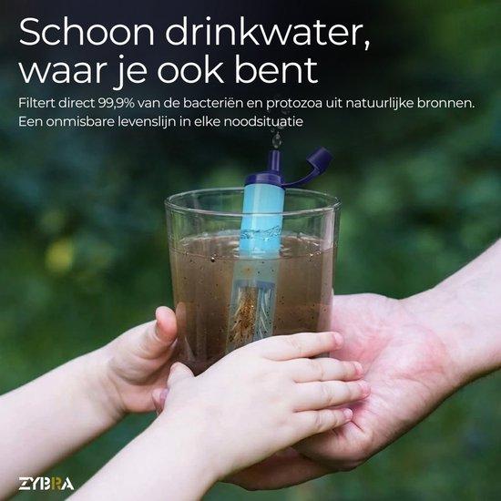 Een volwassene reikt een glas met gefilterd water aan een kind. Het waterfilter is zichtbaar.