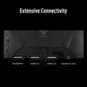 Achterkant van ASUS TUF Gaming monitor met DisplayPort, HDMI 2.0 en koptelefoonaansluiting.