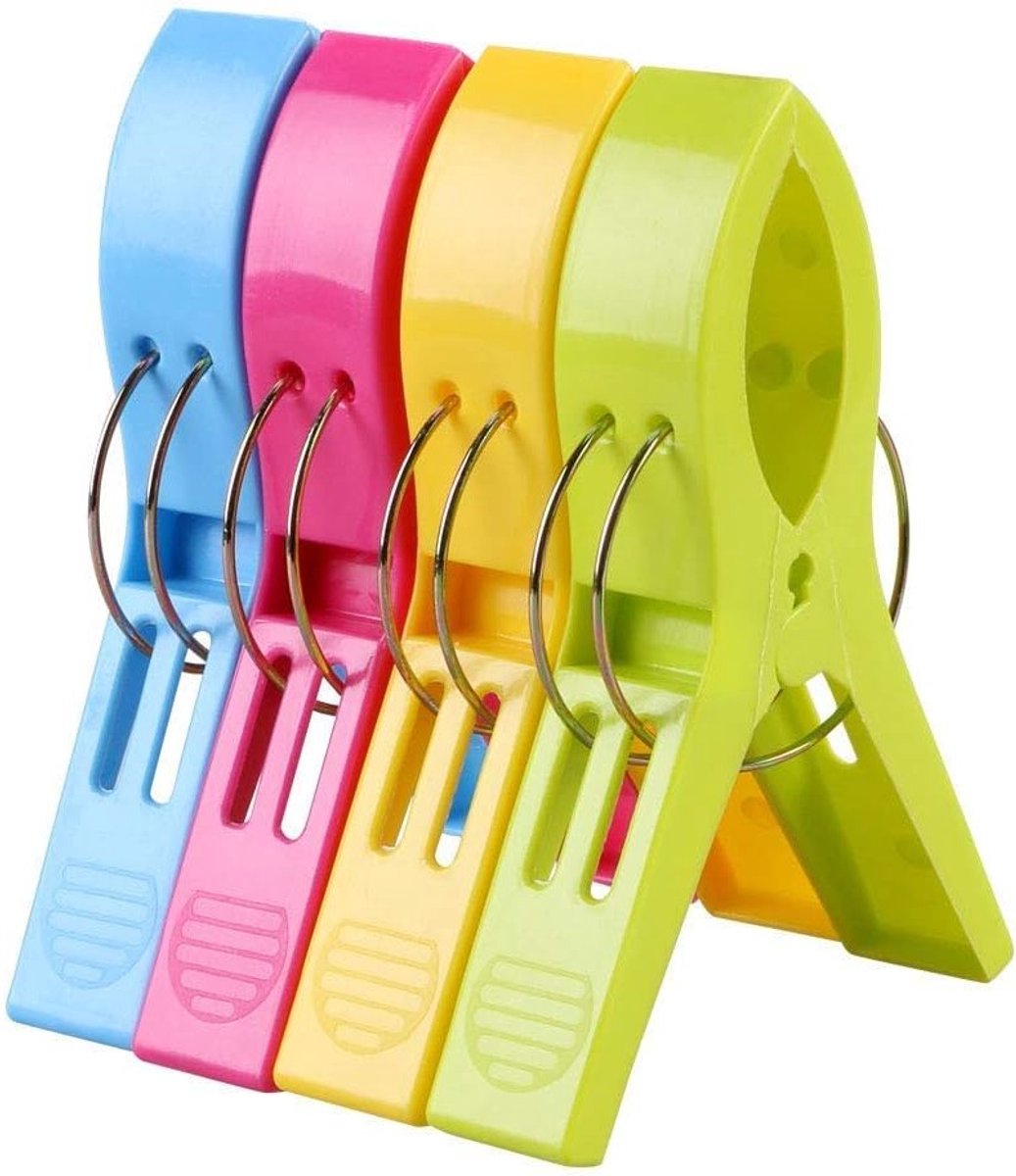 Grote Handdoek Klemmen, 4 Stuks Kleurige Plastic Klemmen voor Strandbedden, Ligstoelen en Zwembaden, Ideaal voor Handdoeken en Beddengoed