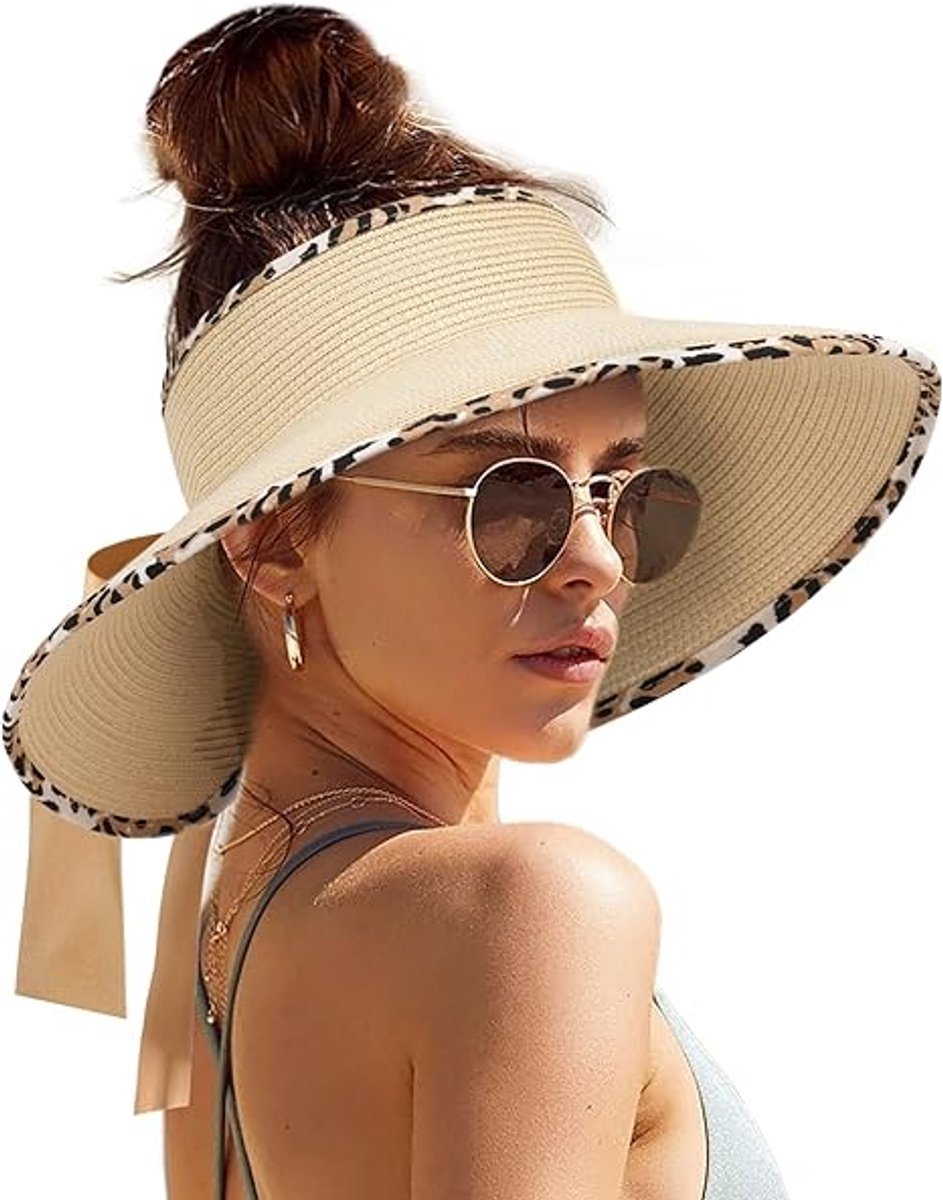 Ulisem - Dames Zonneklep Dames Zonnehoed Visor - Strohoed Met Brede Rand Open Top En Verstelbare Pasvorm - Opvouwbaar Voor Strand En Outdoor - Beige luipaardprint