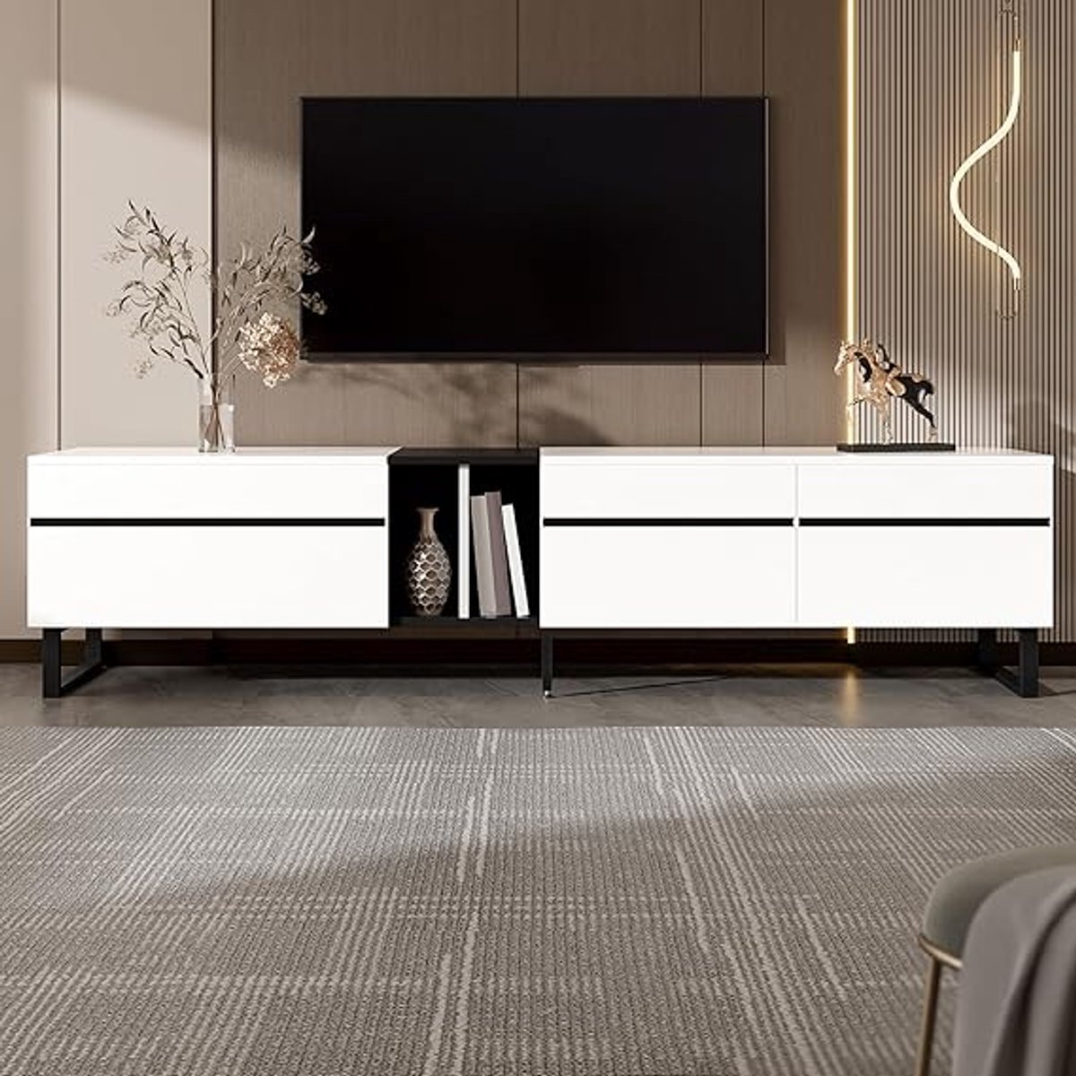 Luxe Minimalistisch TV-Meubel 180x38x45 cm met Opbergruimte, Klapvak, Open Vakken en Dubbele Deuren – Modern Wit Dressoir voor Woonkamer & Grote TV’s – Casa Dorada