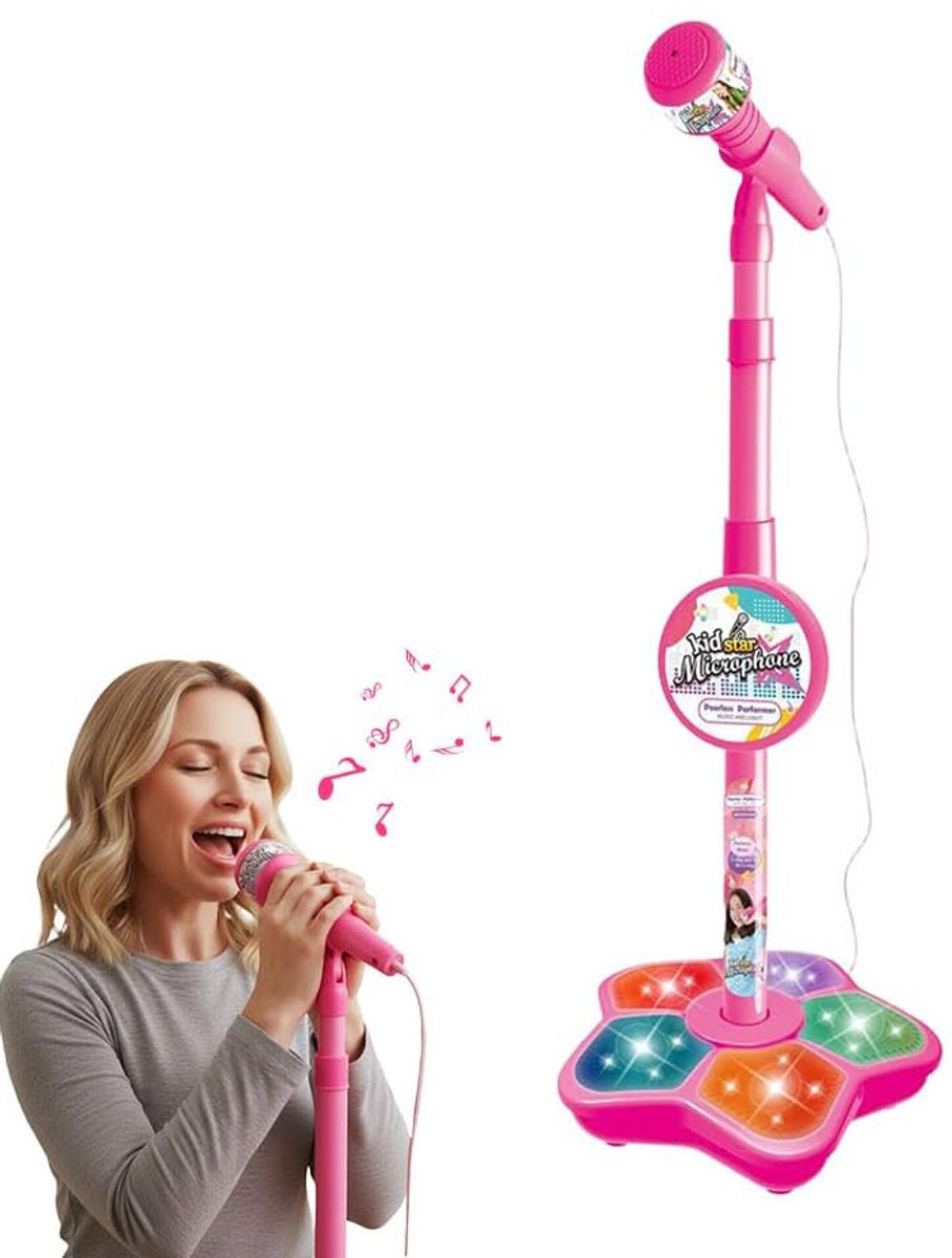Draagbare karaokemachine - voor kinderen en volwassenen - Kleurrijke verlichting - Microfoon met standaard voor zingen, muziek spelen - Leuk en gemakkelijk te gebruiken, roze