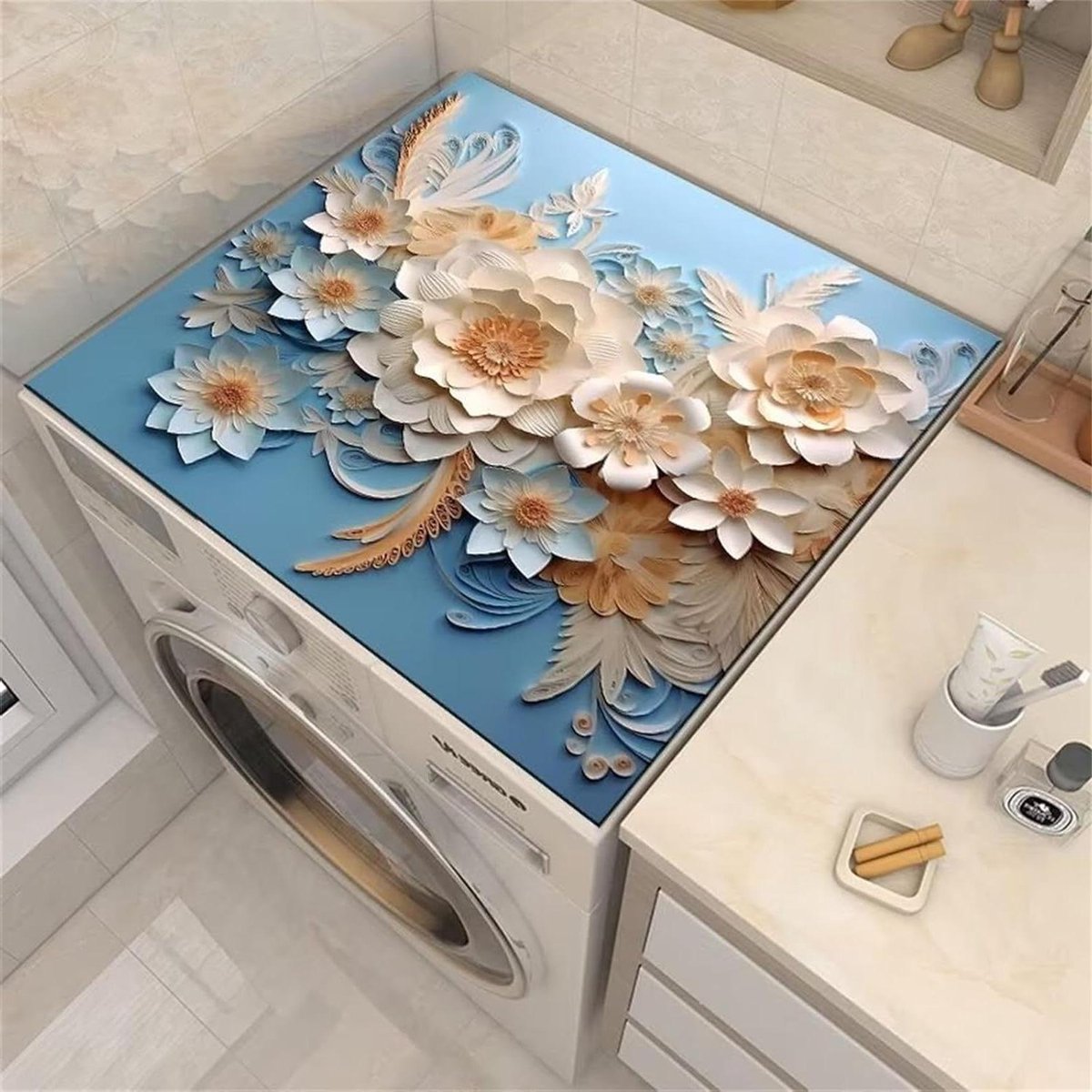 Wasmachine Topmat - Droger Beschermer - Apparaat Beschermen - Snel Absorberend - 40 x 50 cm - Witte Bloemen
