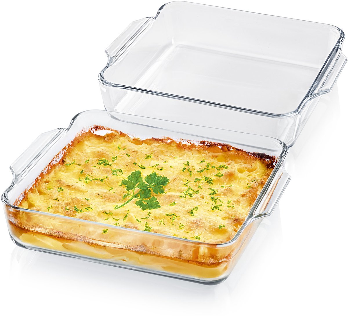 GOURMETmaxx glazen ovenschaal voor heteluchtfriteuse & oven, set van 2 - elk 1500 ml | rechthoekige ovenschaal | kleine schaal - bereiden, garen, serveren | glazen schaal voor de heteluchtfriteuse, geschikt voor gratins
