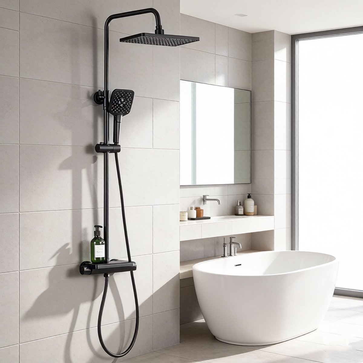 Lonheo Max Regendouche met Thermostaatkraan - Doucheset Zwart - 10 inch Douchekop - Inclusief Planchet - Verstelbare Hoogte 88-124 cm - Regendoucheset