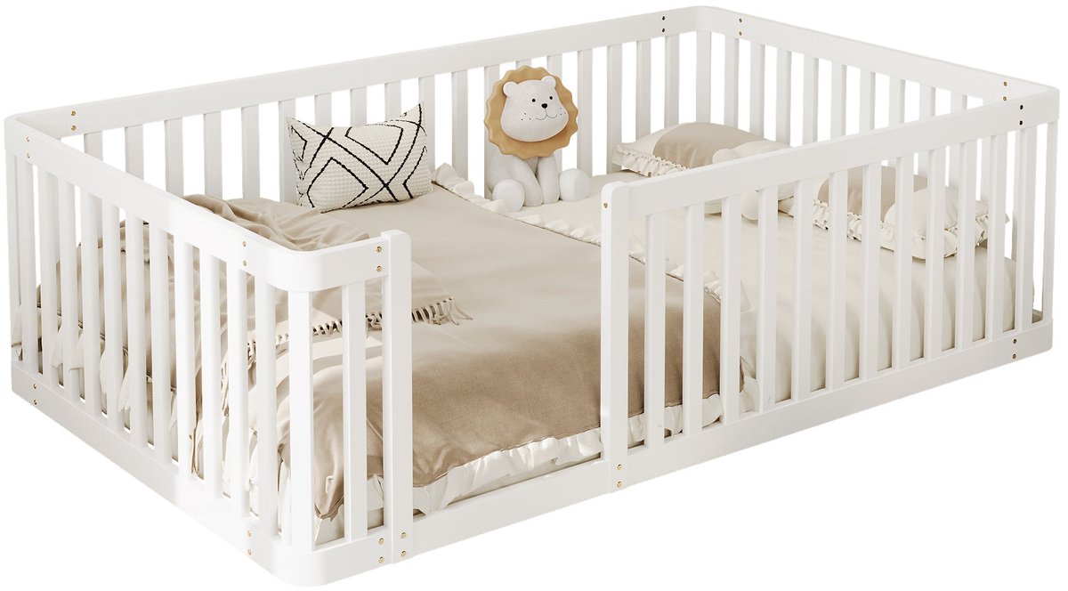 Merax Kinderbed 90x200 cm - Houten Bed met Veiligheidshek - Laag Bed - Wit