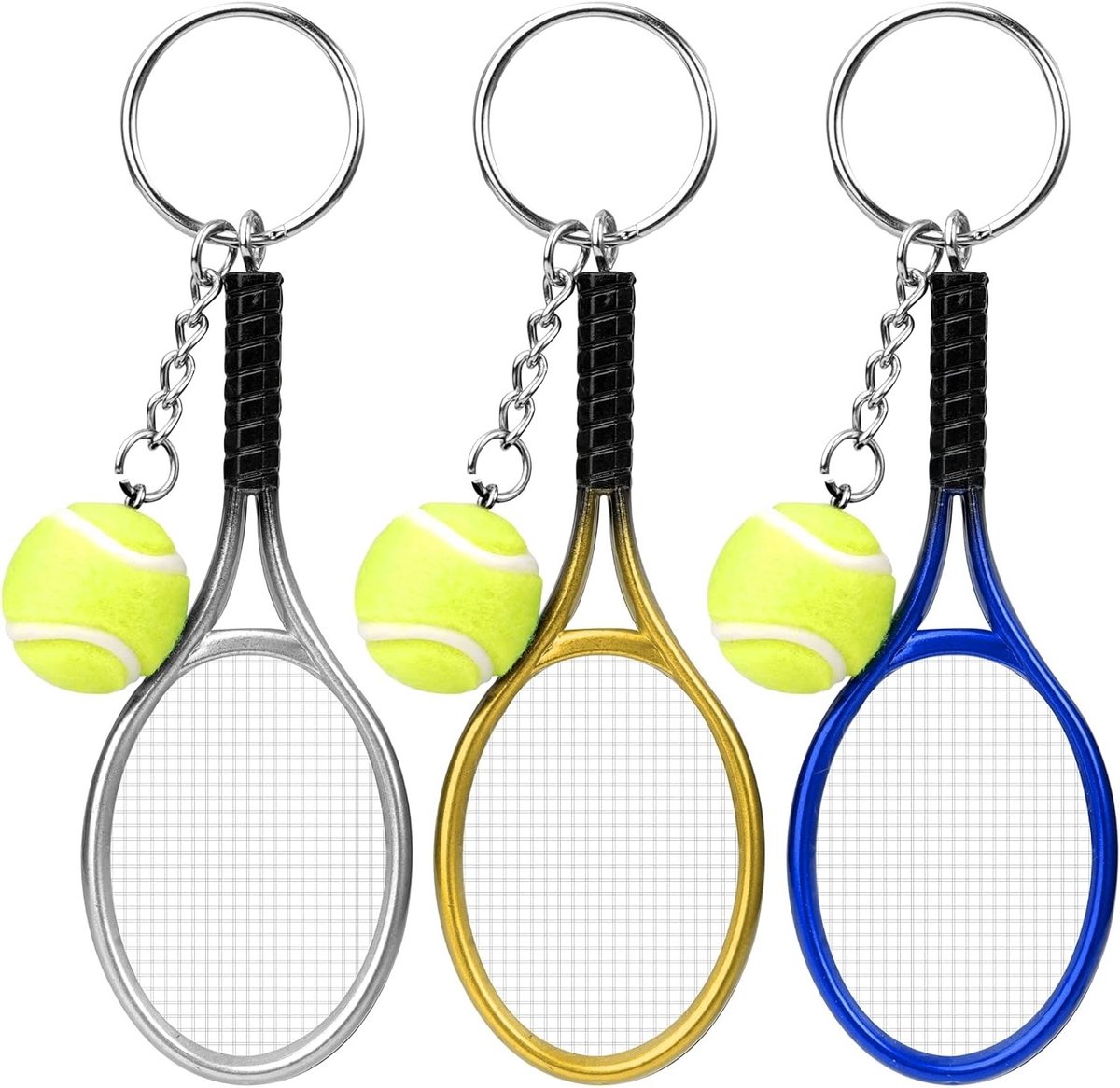 Tennis Sleutelhanger Set met Mini Tennisballen voor Sportliefhebbers - Creatieve Sleutelhangers voor Mannen, Vrouwen en Meisjes (3 Stuks) in Goud, Zilver en Blauw