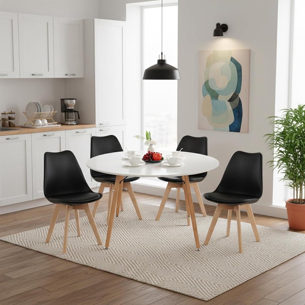 Eettafel met stoelen - Eetgroep set - Gezellig tafelen - Scandinavisch design - 120 cm tafel - Zwart wit