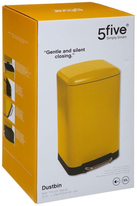Gele prullenbak met 'Gentle and silent closing' op de verpakking.