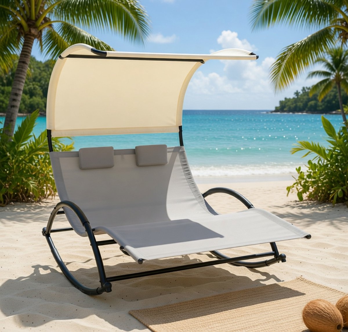 Dubbele Ligstoel met Zonnedak 180x139x170 cm – Luxe Tuin Ligbed voor 2 Personen met Kussens en Ademend Textiel – Stalen Frame – Outdoor Relax Stoel Tuin, Terras & Strand – Taupe/Crème – Nicolehome