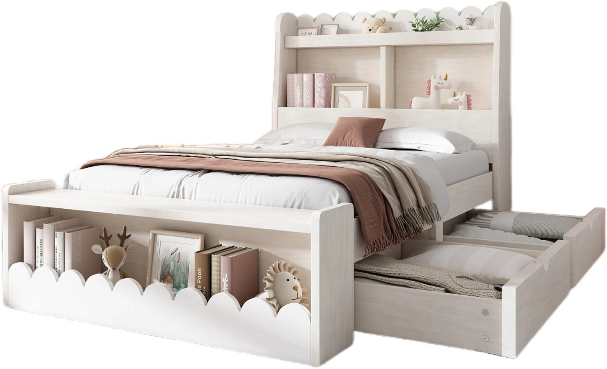 RosaBloom kinderbed - Peuterbed - Eenpersoonsbed - Met Houten Rek, Lades, Plank & Bankje - 90x190cm - Wit