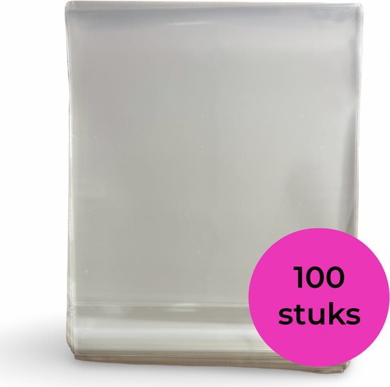 Stapel transparante cellofaan zakjes, met roze cirkel met '100 stuks'.