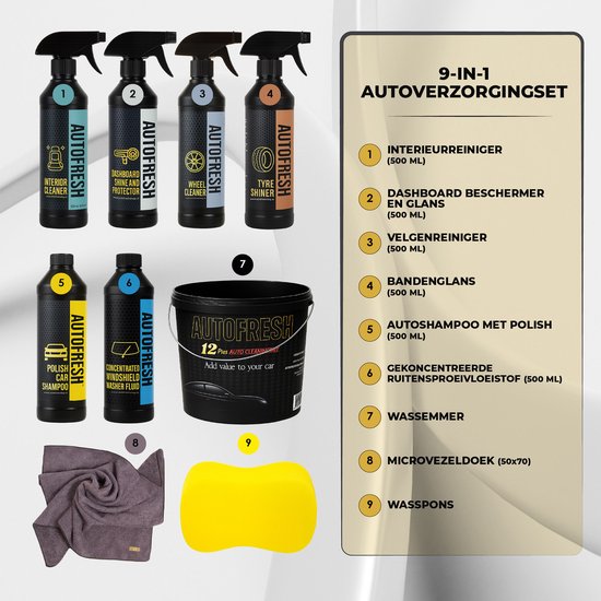 9-in-1 Autofresh auto verzorgingsset met genummerde producten en accessoires.