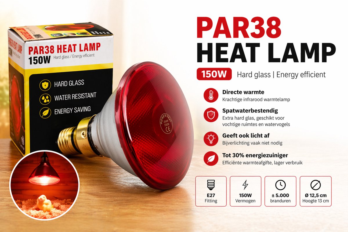 Infrarood Warmtelamp 150W PAR – Spatwaterdicht – Extra Sterk Glas – Voor Kuikens, Reptielen & Dieren
