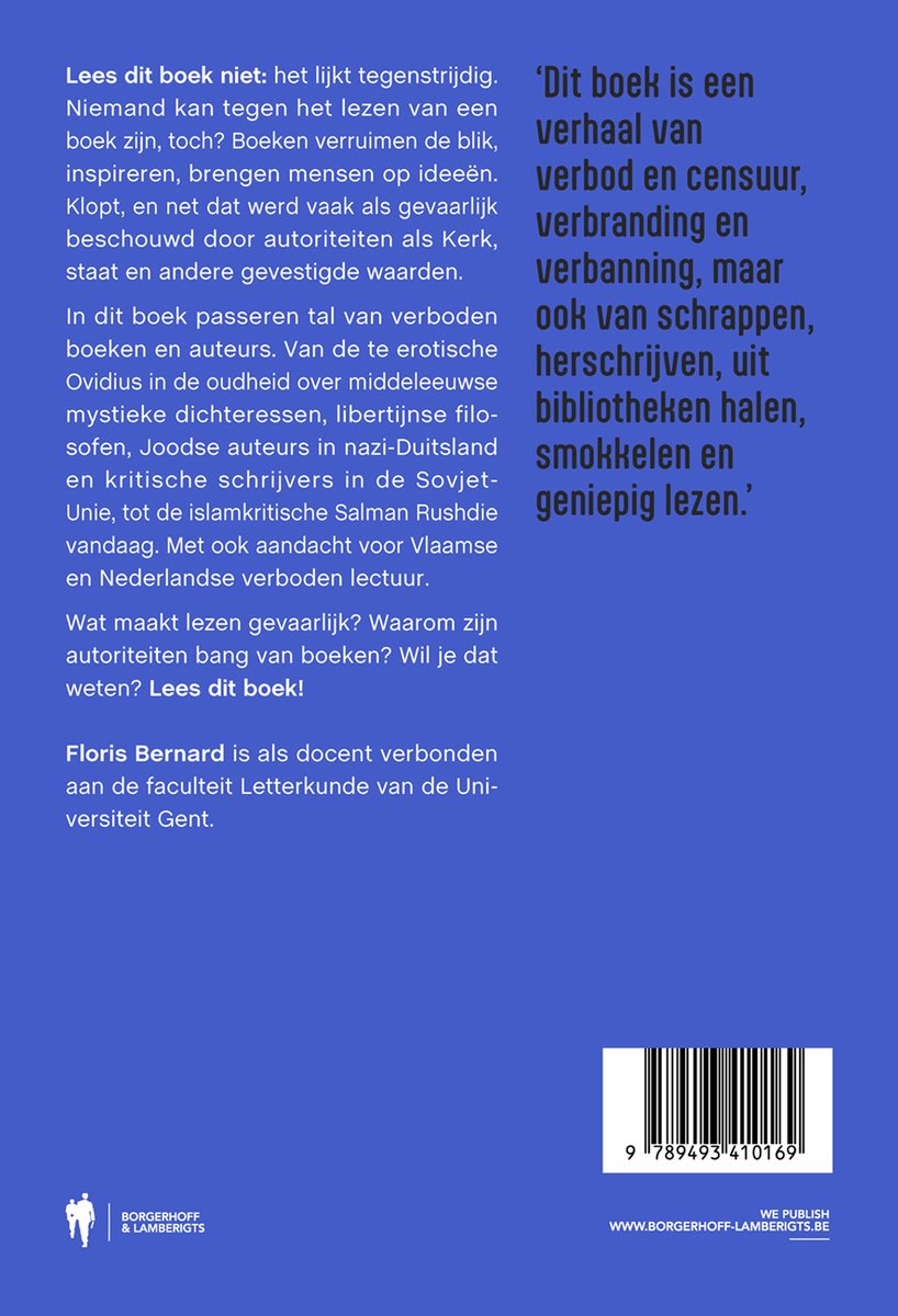 Boek met tekst 'Lees dit boek niet!' en citaten over verboden lectuur. Achtergrond is blauw.