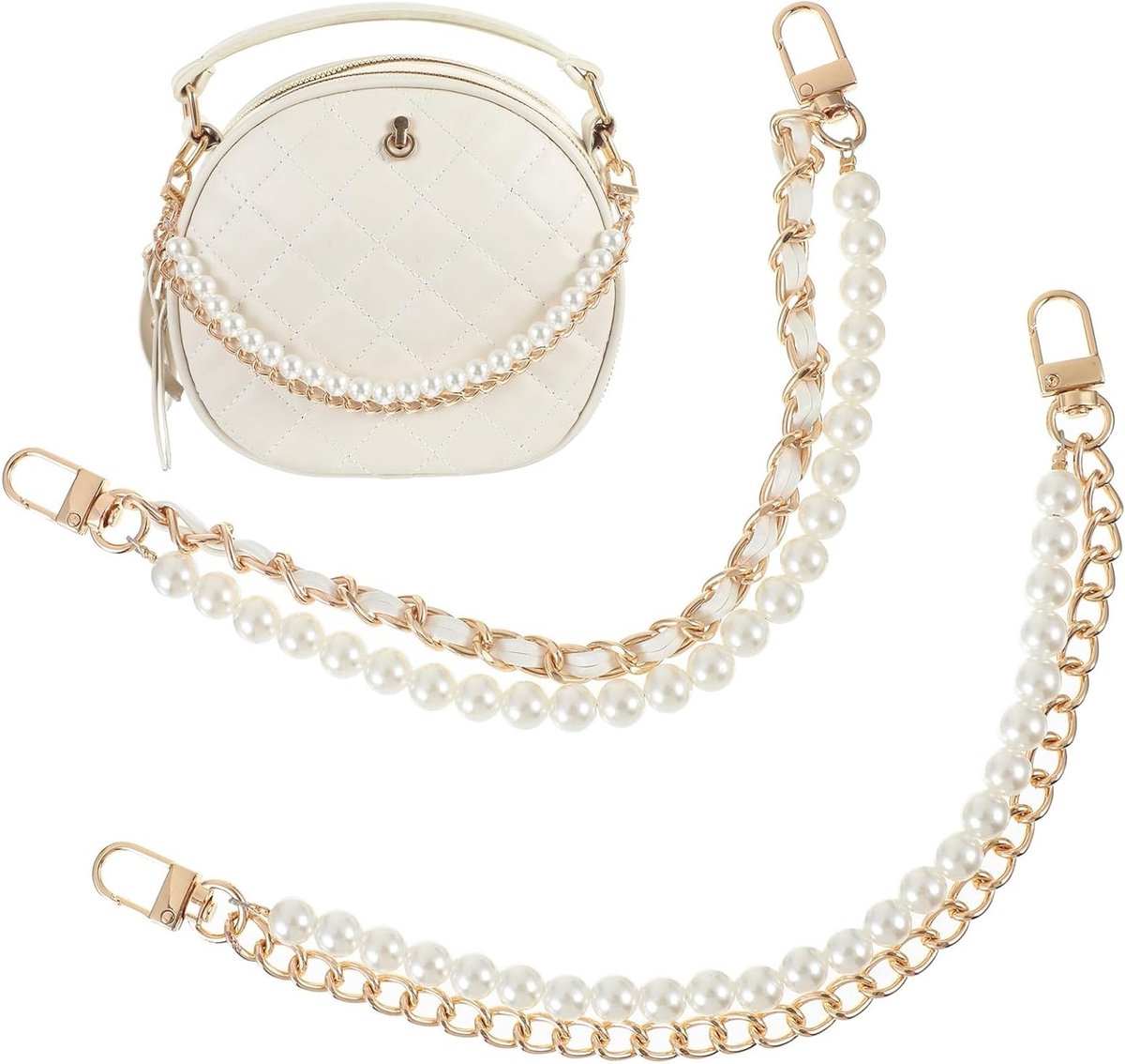 Elegante Parels Wallet Chain Extender voor Handtassen - Verlenging en Charms in Goud & Wit, Perfecte Accessoires voor Vrouwen en Modebewuste Handbagage