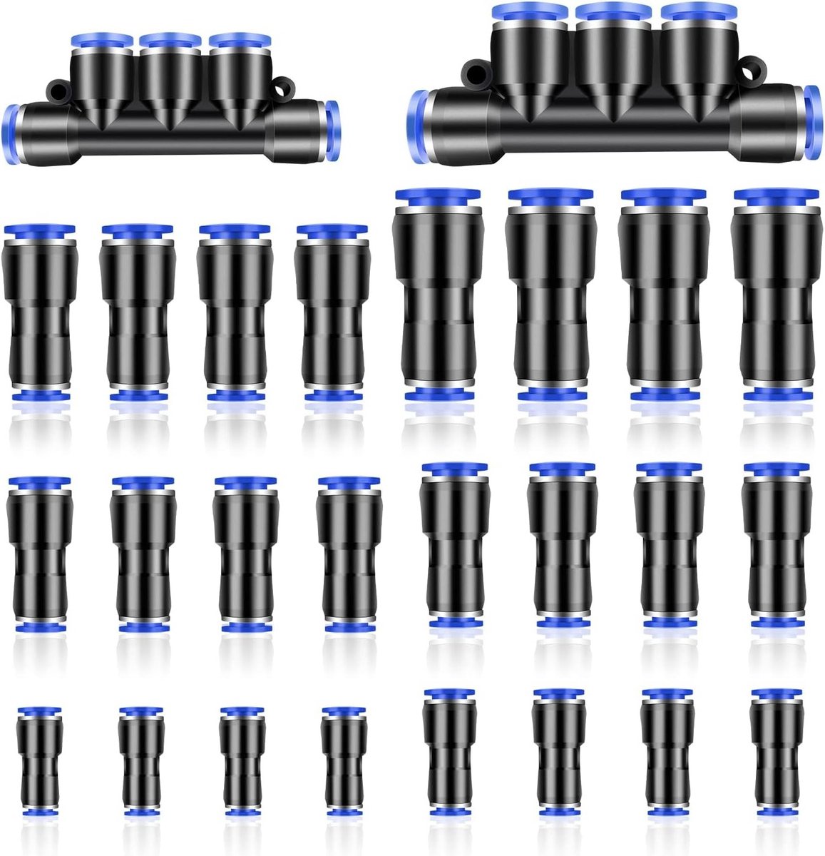 26-delige set met 8 vormen luchtverbindingen, pneumatische connectoren en luchtfittingen voor 4mm, 6mm, 8mm, 10mm en 12mm buizen