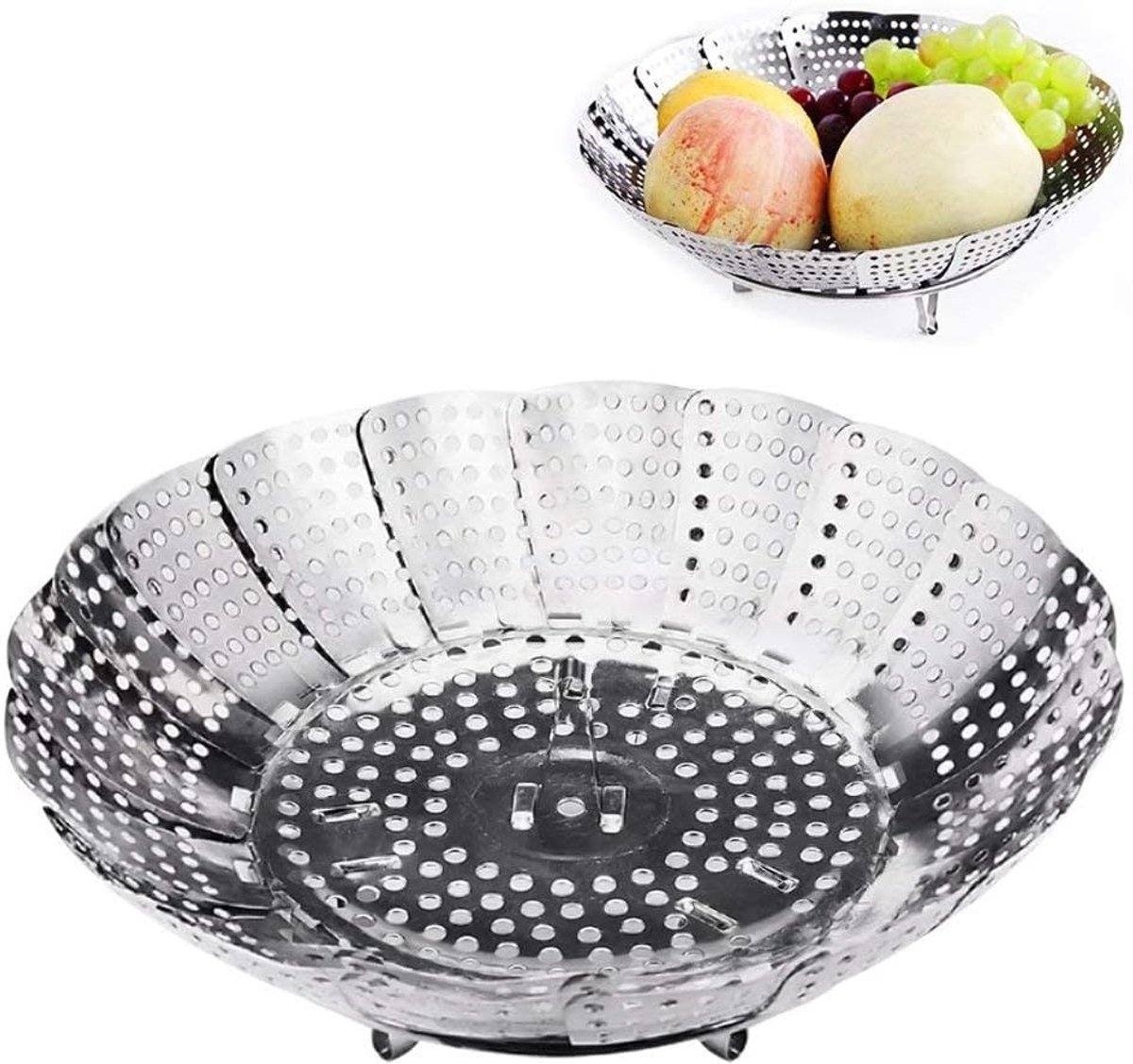 Vouwbare Stoommand van RVS voor Groenten, Dumplings en Vis - Ø 14,2 cm (gevouwen) en Ø 23 cm (uitgevouwen) - Geschikt voor elke Pan en Gemakkelijk op te Bergen - Ideaal voor Gezond Koken en Stomen