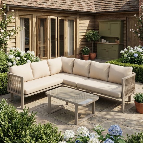 Tuinmeubelset voor 6 personen - hoekbank - glazen tafelblad - geweven van textilene touw - inclusief eettafel - bank - stoelen en bank - khaki