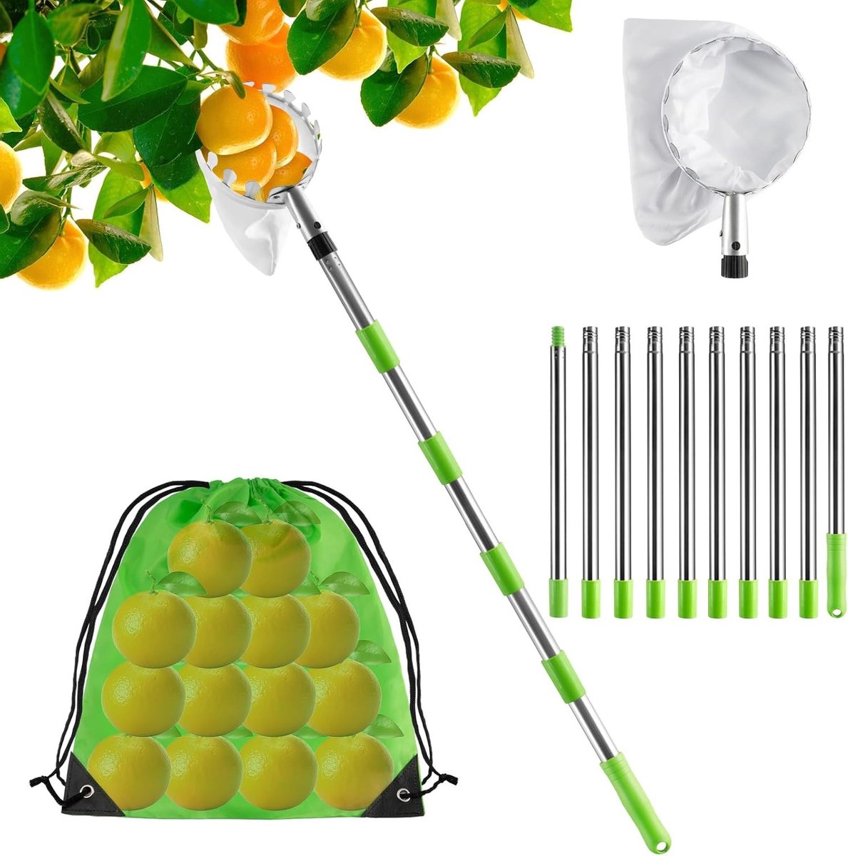 Fruitplukker met telescopische steel van roestvrij staal en katoenen tas, ideaal voor appels, peren en citrusvruchten, handig voor het plukken van fruit in de tuin