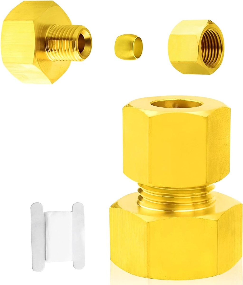 8mm buis met 1/2 inch vrouwelijke compressie verbinding, messing klemring en rechte schroefverbinding voor leidingen, ideaal voor sanitair en hydraulische toepassingen
