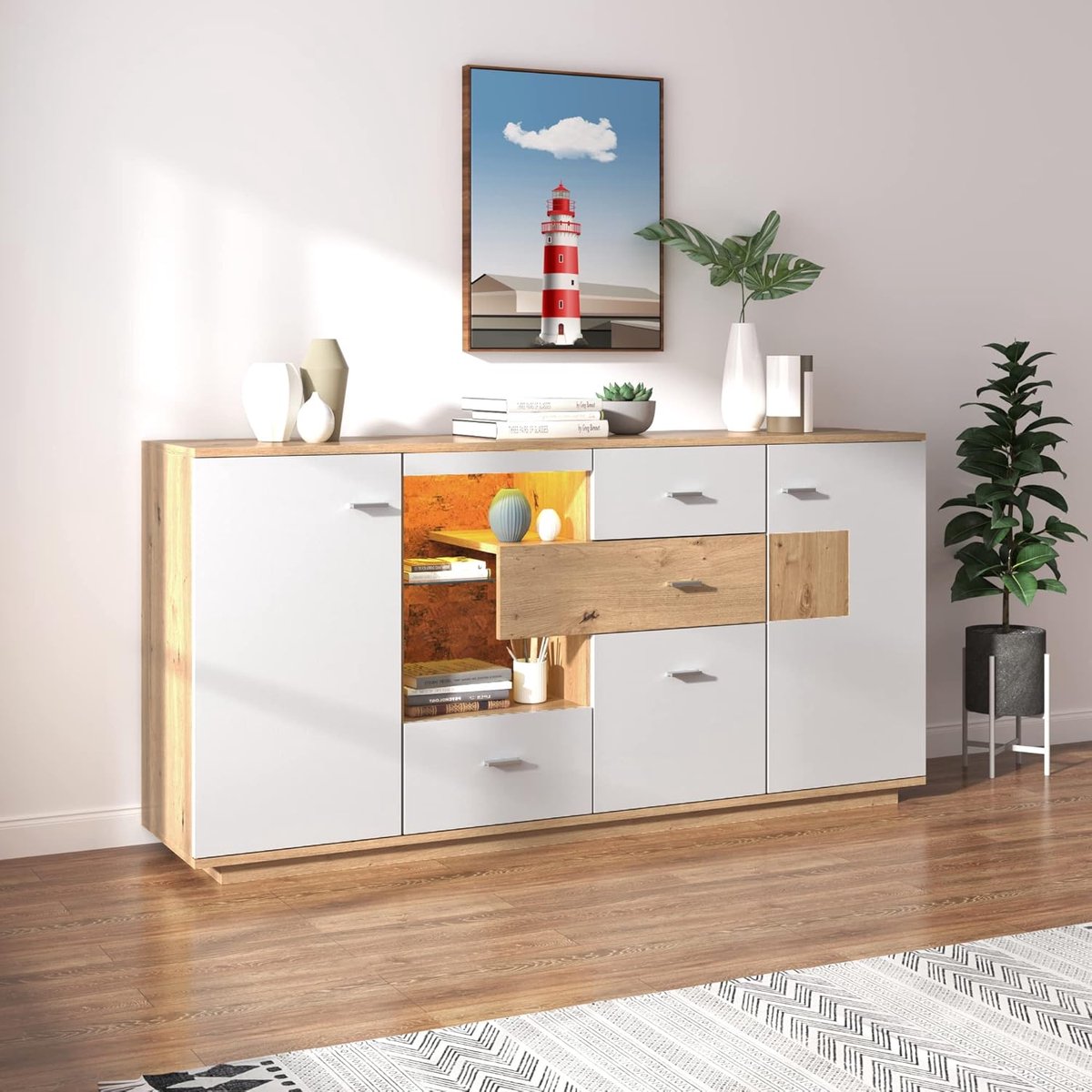 Dressoir met LED Verlichting 160 x 40 x 77 cm Sideboard Kast met 2 Deuren en 4 Lades Modern Opbergkast Buffetkast voor Keuken Woonkamer en Eetkamer Wit Hout Look Urbanhome