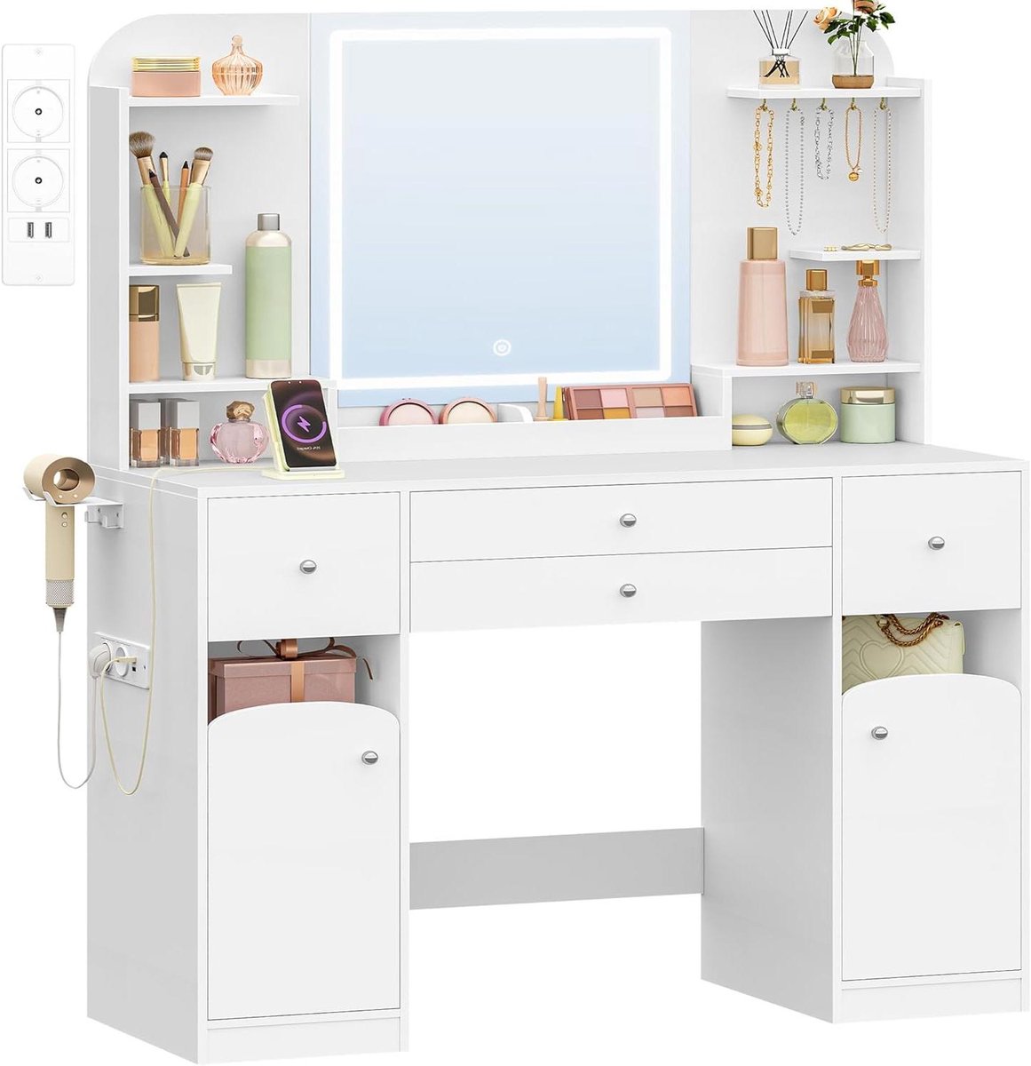 Kaptafel met LED - Make-uptafel met spiegel - Make-up aanbrengen - Geïntegreerde stopcontacten - 108 cm breed - Wit