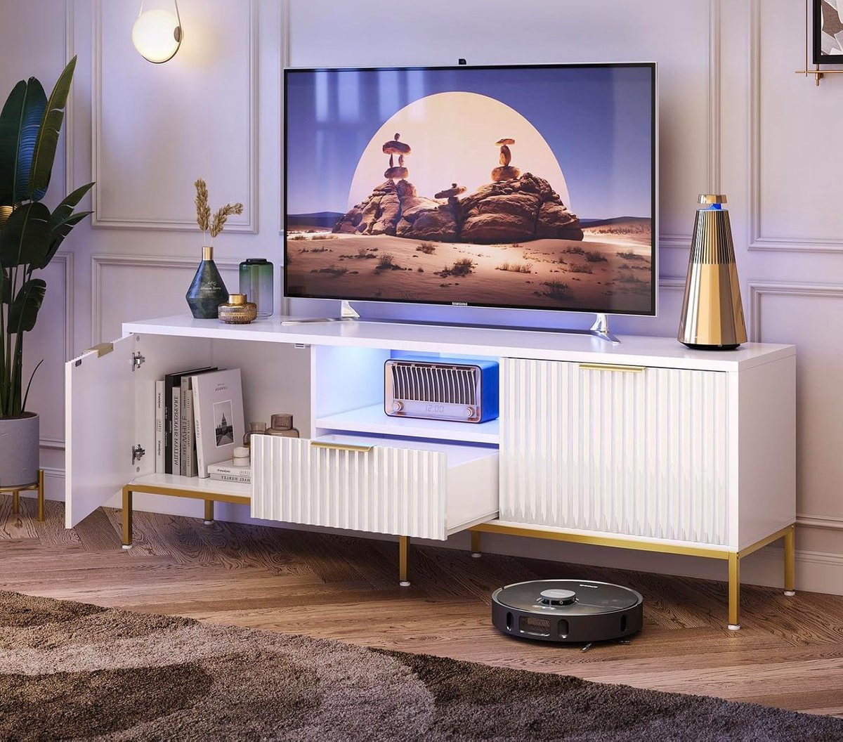 TV meubel 180x35x52 cm – LED entertainment center met acryl deuren & glazen planken – TV kast voor 80 inch PS5 gaming modern design – Urbanhome