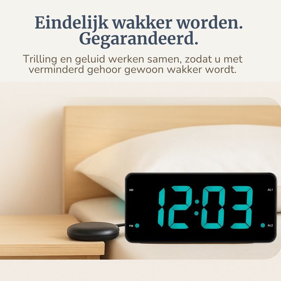 Trilwekker met Trilkussen voor Slechthorenden & Doven – Wekker voor Senioren, Pubers & Diepe Slapers - Seniorenwekker - Digitale Wekker met Trilfunctie – Extra Luid met Trilschijf
