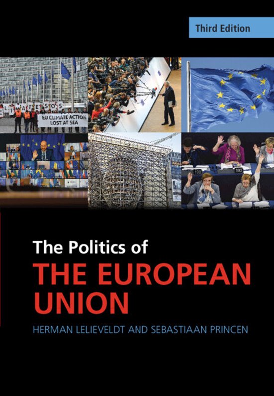 Livre 'The Politics of THE EUROPEAN UNION', troisième édition. Avec des images du Parlement européen, d'action climatique, d'un bâtiment avec le logo de l'UE, et plus.