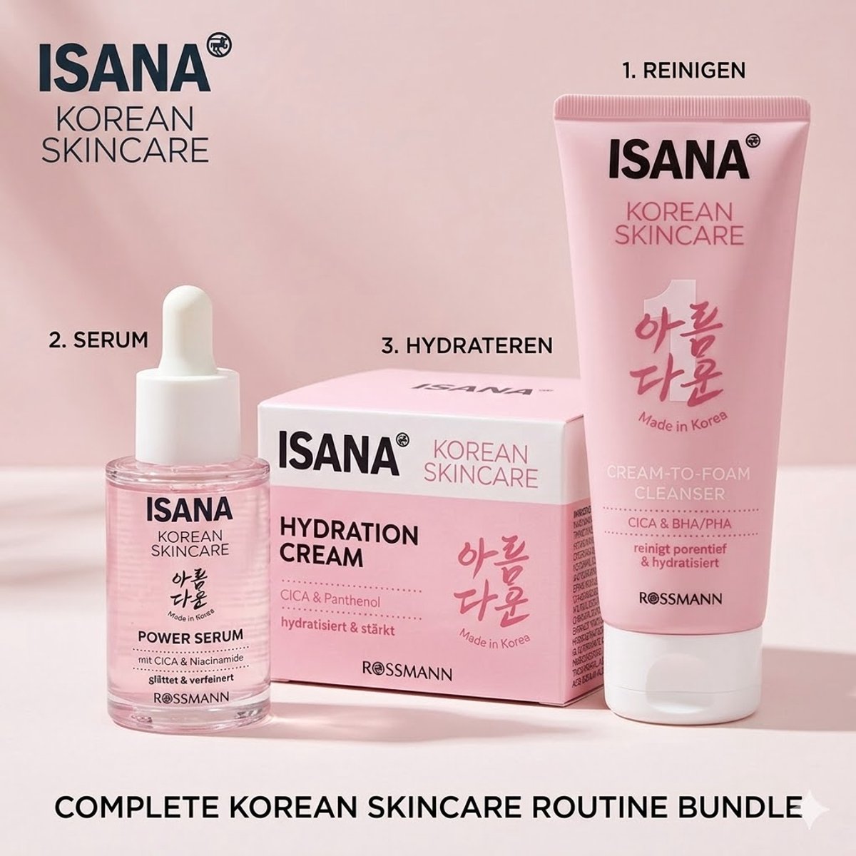 ISANA Korean Skincare Set - 3-Staps Routine - Met CICA, 5% Niacinamide & BHA/PHA - Reinigingsschuim, Serum & Dagcrème - Voor een Egale & Stralende Huid