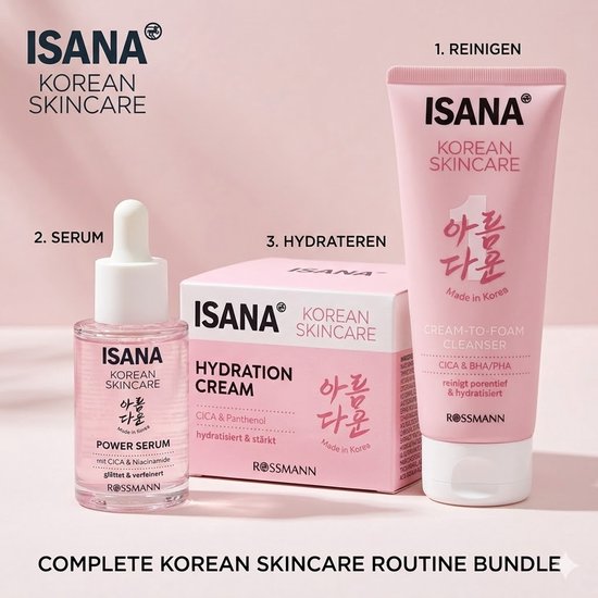 ISANA Korean Skincare Set - 3-Staps Routine - Met CICA, 5% Niacinamide & BHA/PHA - Reinigingsschuim, Serum & Dagcrème - Voor een Egale & Stralende Huid