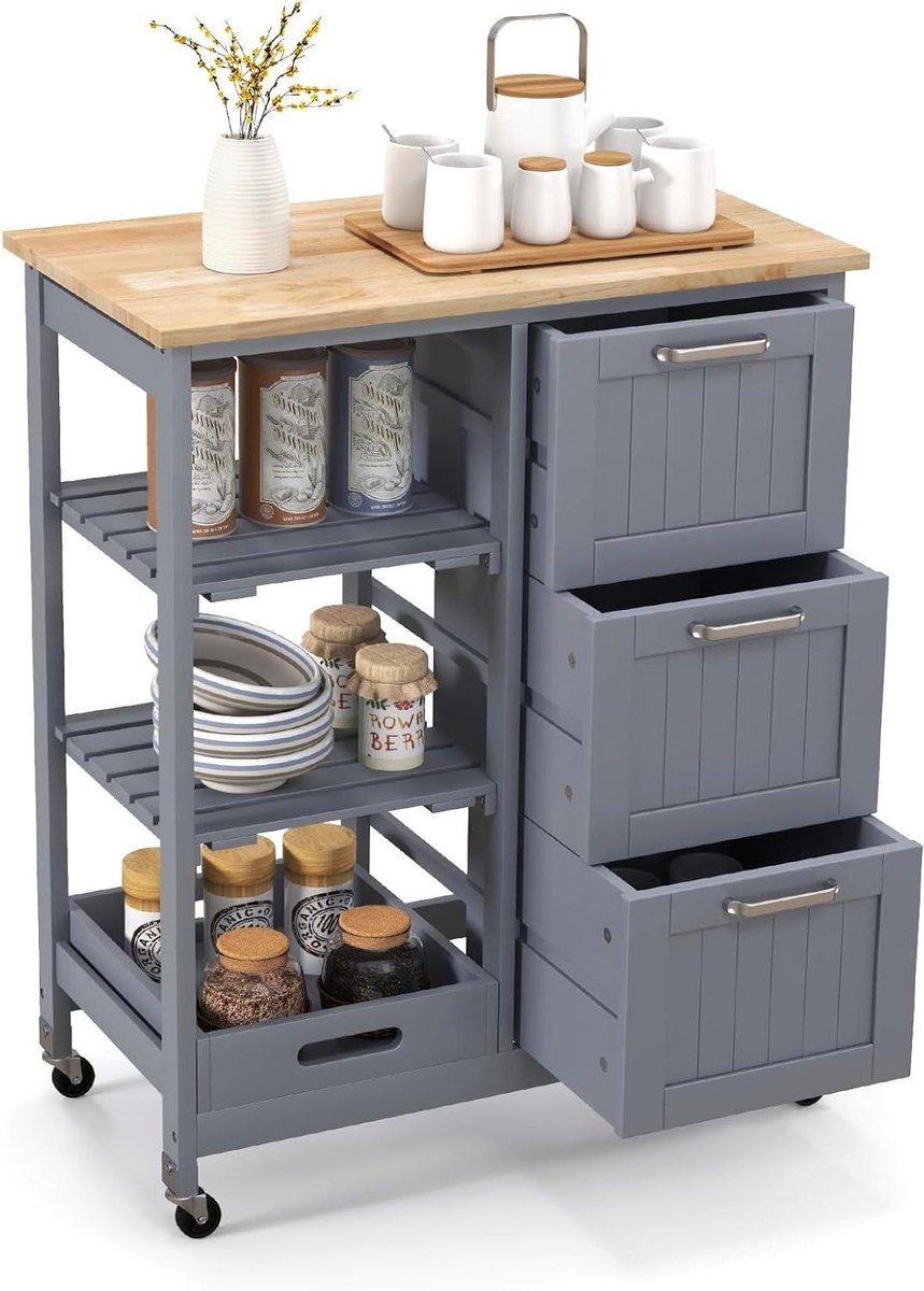 Keuken Trolley - Dienblad Wagen - Extra Opbergruimte - Met Werkblad & Lades - 67 x 37 x 84 cm