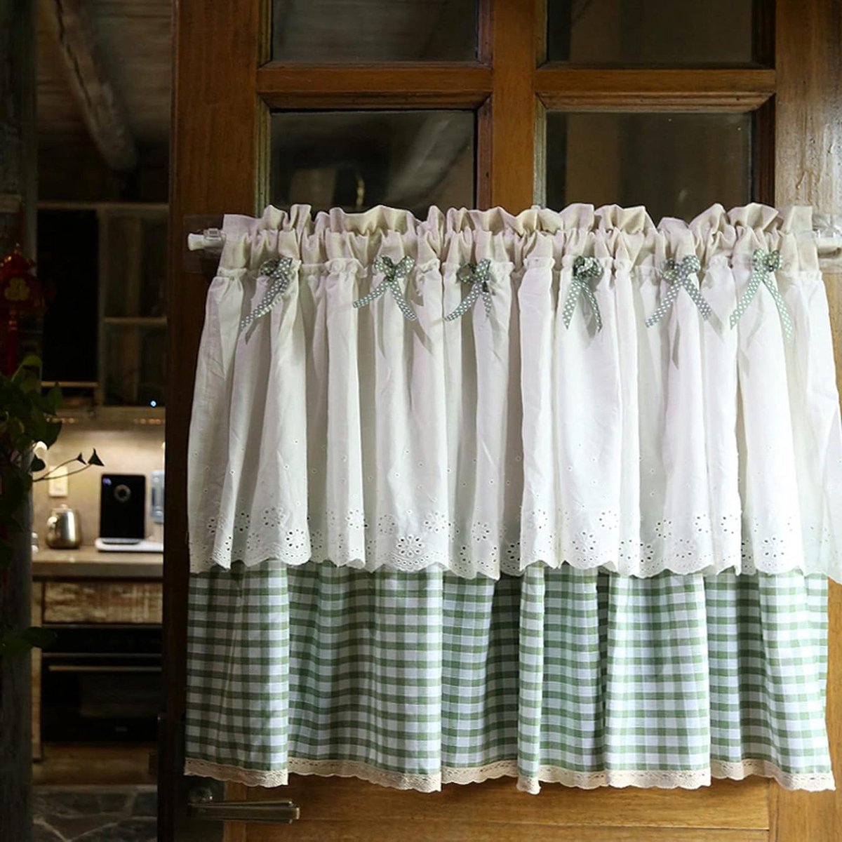 Kort gordijn - Raambekleding valance - Keuken decoreren - Geruit katoen design - 130x60 cm - Wit blauw