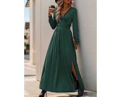 Dames zomerjurk Maxi-jurk Elegant Lange mouwen V-hals Nauwsluitende avondjurk Donkergroen S