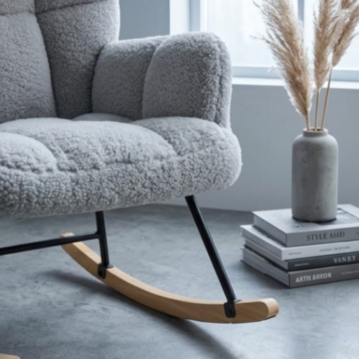 Schommelstoel 90x71x97 cm – luxe teddy bouclé relaxstoel met voetenbank – moderne loungestoel voor woonkamer en slaapkamer – grijs – Bella