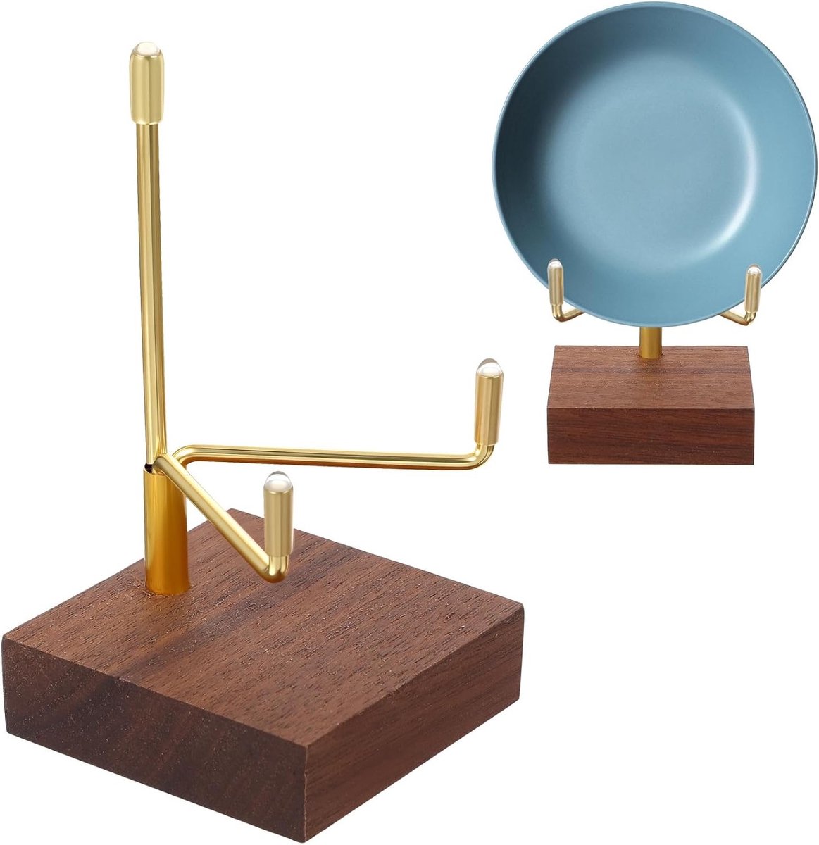 Verstelbare metalen displaystand met walnootbasis voor kleine exposities, ideaal voor kristallen, geoden, fossielen en decoratieve accessoires.