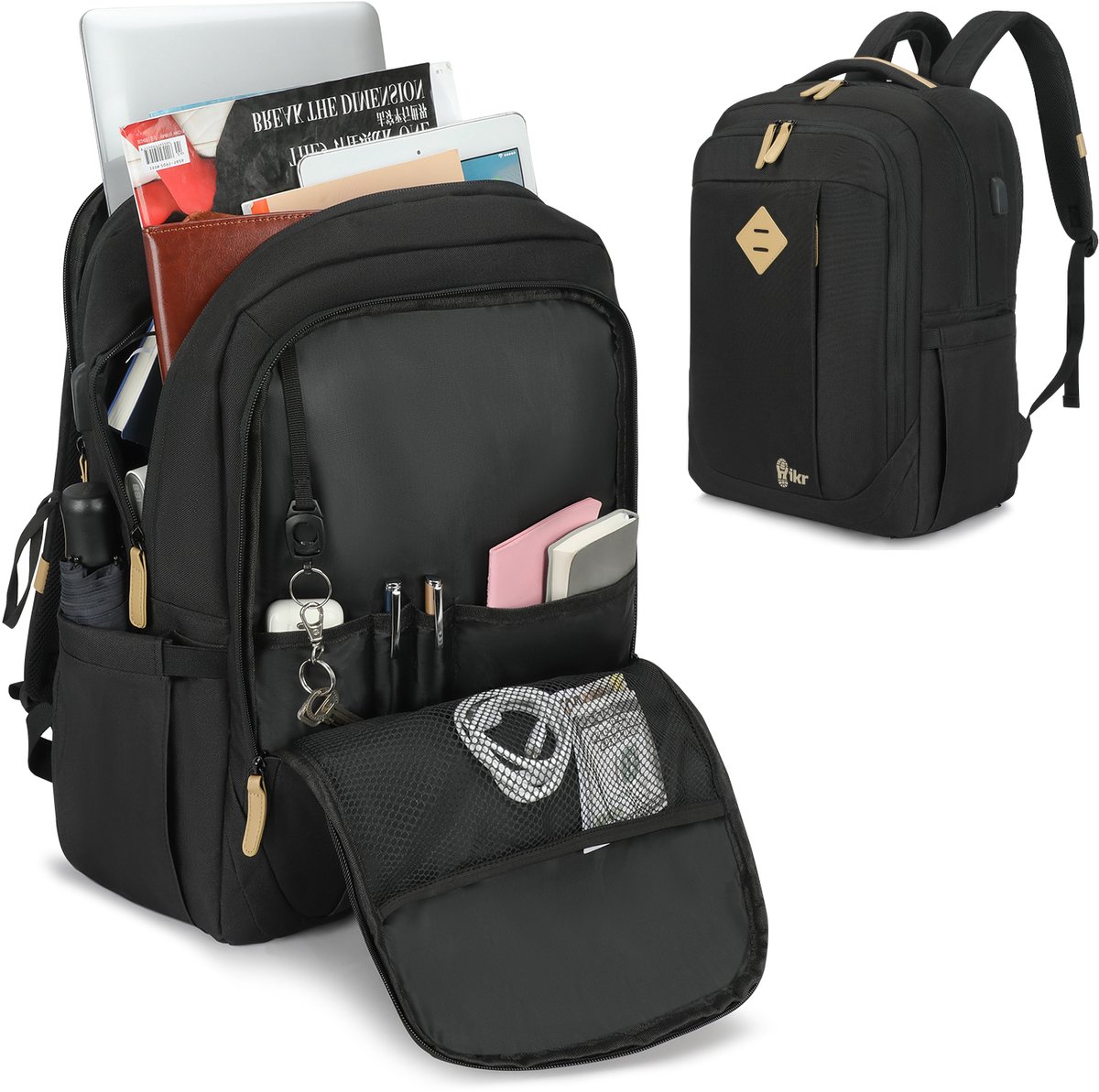 Hikr Rugzak – 100% waterdichte laptoptas met USB-poort – 28 liter – Laptopvak 14 inch, 15 inch, 16 inch, 17 inch, 18 inch – Voor meisjes, jongens, dames & heren – Schooltas middelbare school – Zwart