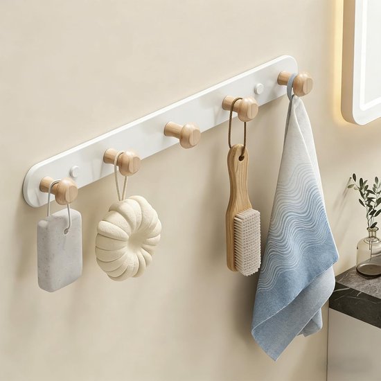 Wandkapstok Van Hout – 5 Haken – Stevig – Handgemaakt – Voor Hal, Badkamer en Slaapkamer – 36x3,6x3,3 cm – 1 Stuk – Houtkleur