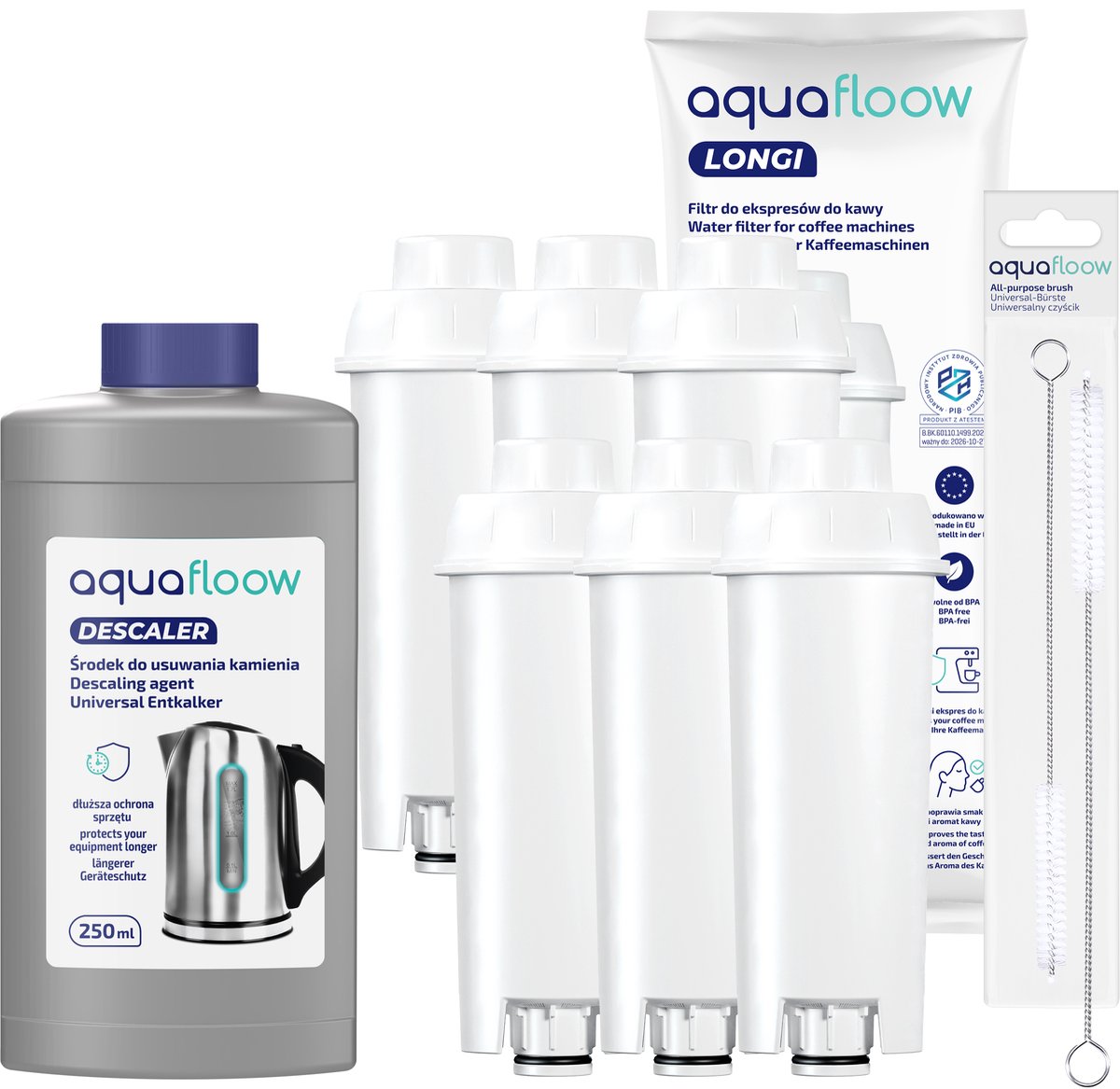 AquaFloow 6x Waterfilter voor DeLonghi Koffiemachine – Vervanging voor SER3017 DLSC002 – Inclusief Ontkalker 250 ml en Reinigingsborstel