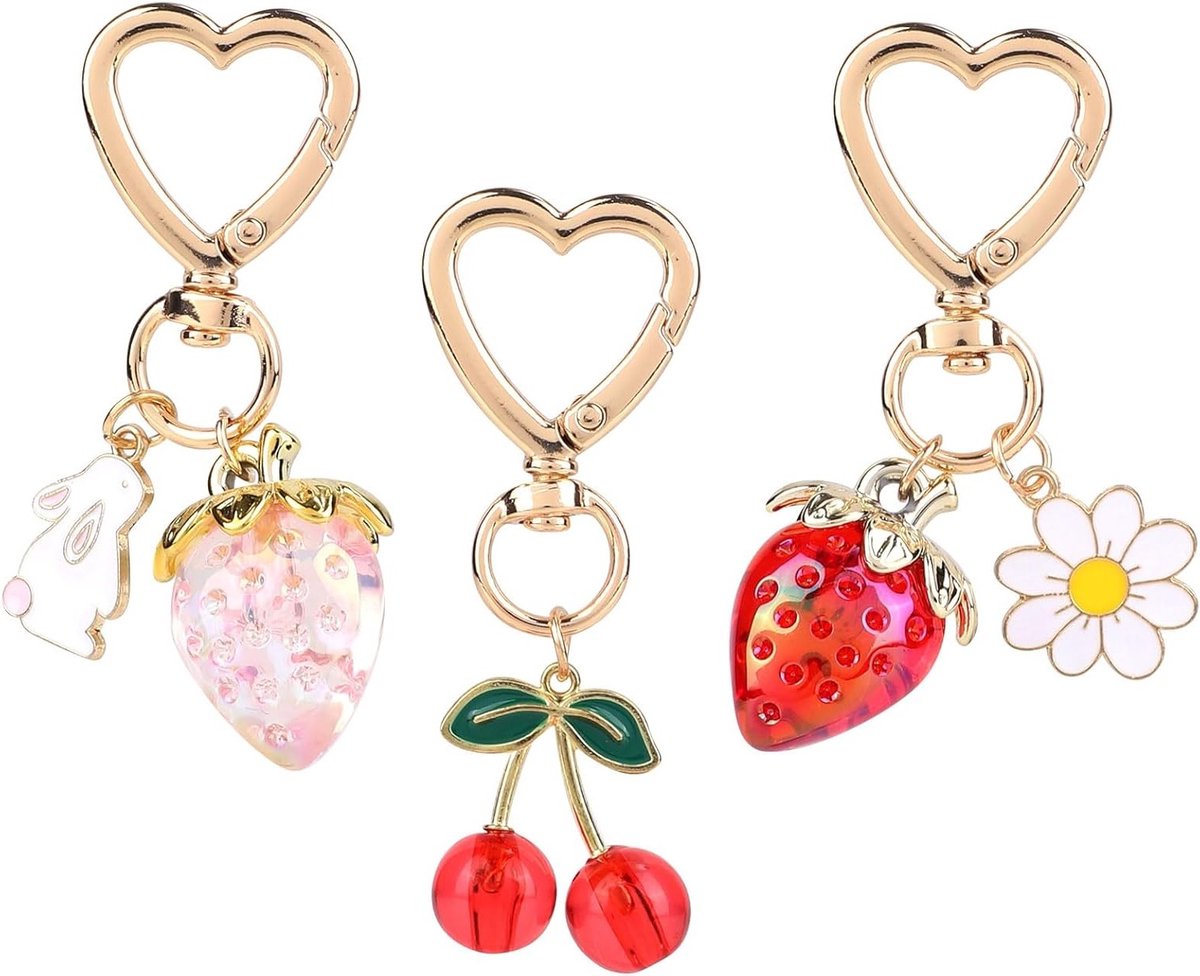 Set van 3 Schattige Fruit Sleutelhangers met Hartvormige Sluiting - Aardbei en Kers Sleutelhanger, Leuke Tasaccessoires voor Vrouwen en Meisjes, Perfect voor Cadeaus en Verzamelingen