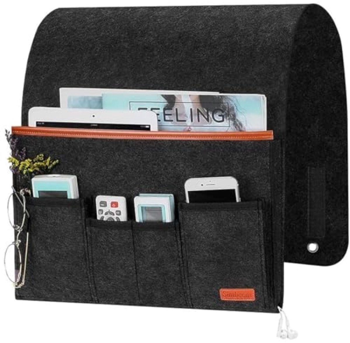 Vilten Opbergzak voor Bed of Bank - 5 Zakken Organizer voor Telefoon, Tablet, Boeken en Afstandsbediening - Donkergrijs