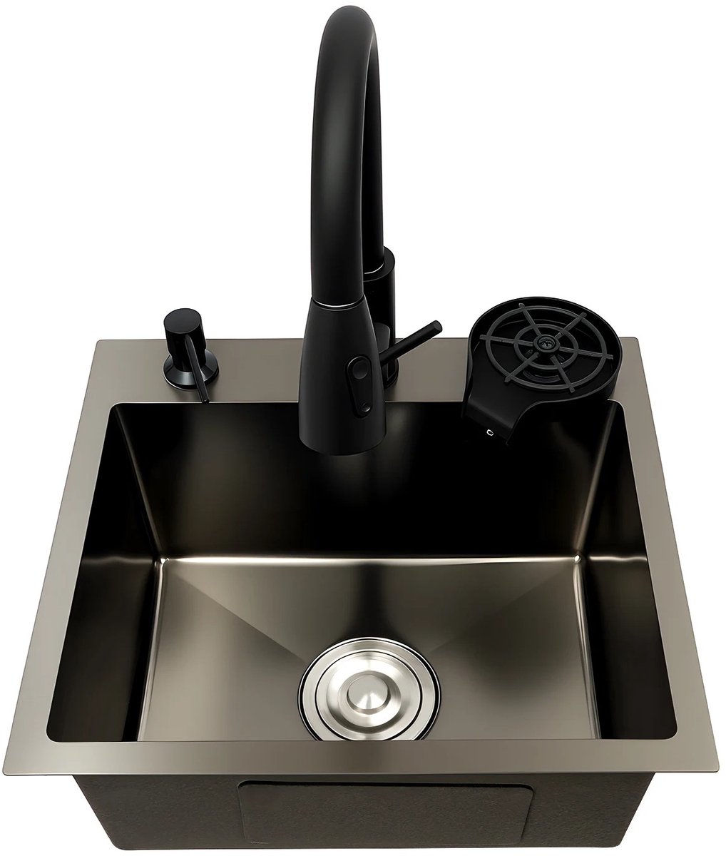 Cellista Keukenspoelbak 45x40cm Zwart RVS met Uittrekbare Kraan - Complete Set - Moderne Wasbak met Accessoires voor Keuken Gebruik