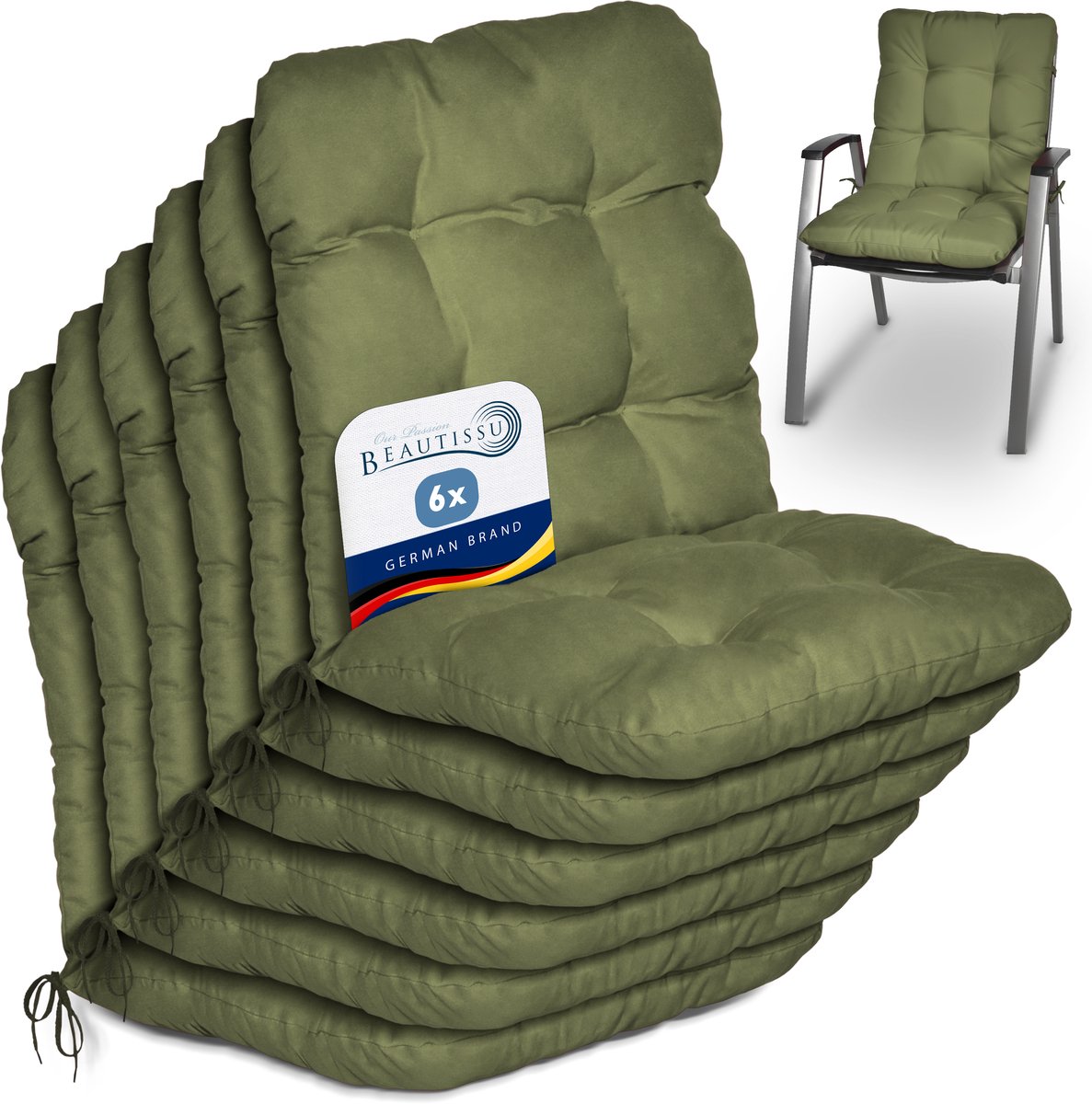 Beautissu Flair NL Stoelkussen Set 6x Lage Rugleuning 100x50x8 cm Olijfgroen – Tuinstoelkussen