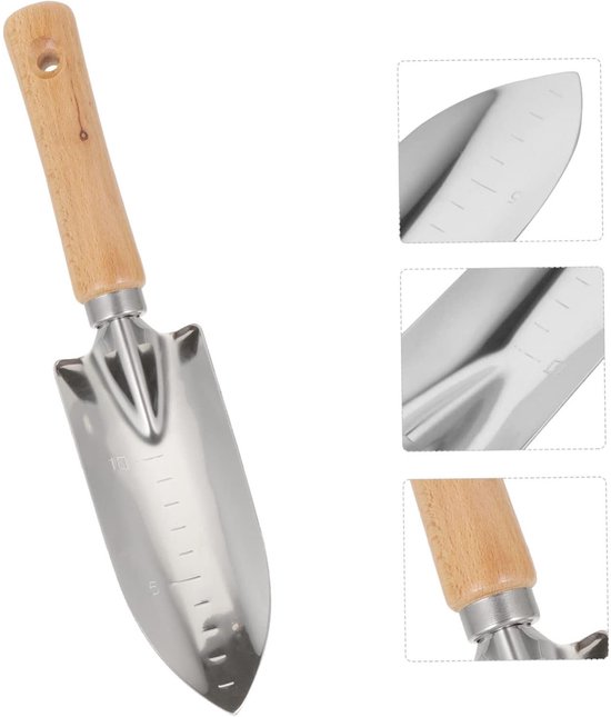 Tuinschep - Roestvrijstalen tuinschep - Kleine tuinschep - Smalle tuinschep - Tuinschep met houten handvat - Roestvrijstalen tuinschep met houten handvat - Ophangbaar - Geschikt voor planten en graven - Zilver, beige — afbeelding 3