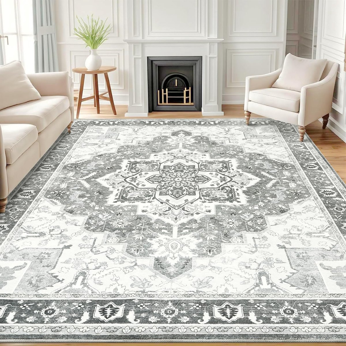 Olanly Woonkamerkleed - Zacht Bloemmotief Tapijt - Machinewasbaar Vintage Tapijt - 153x213 cm - Rechthoekig - Grijs