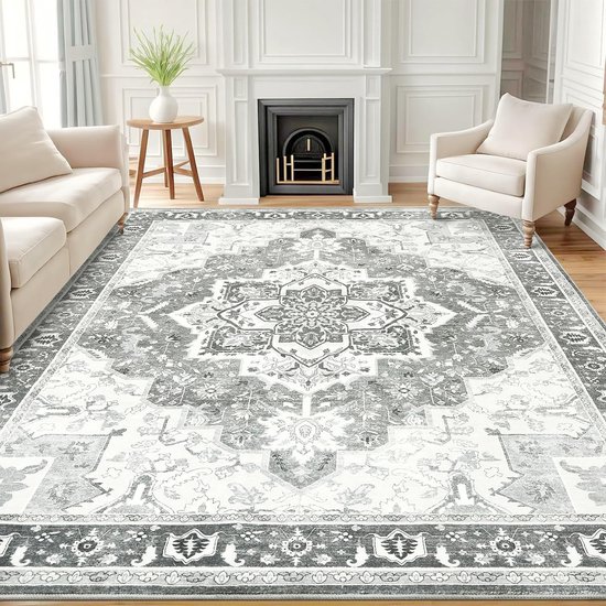 Olanly Woonkamerkleed - Zacht Bloemmotief Tapijt - Machinewasbaar Vintage Tapijt - 153x213 cm - Rechthoekig - Grijs