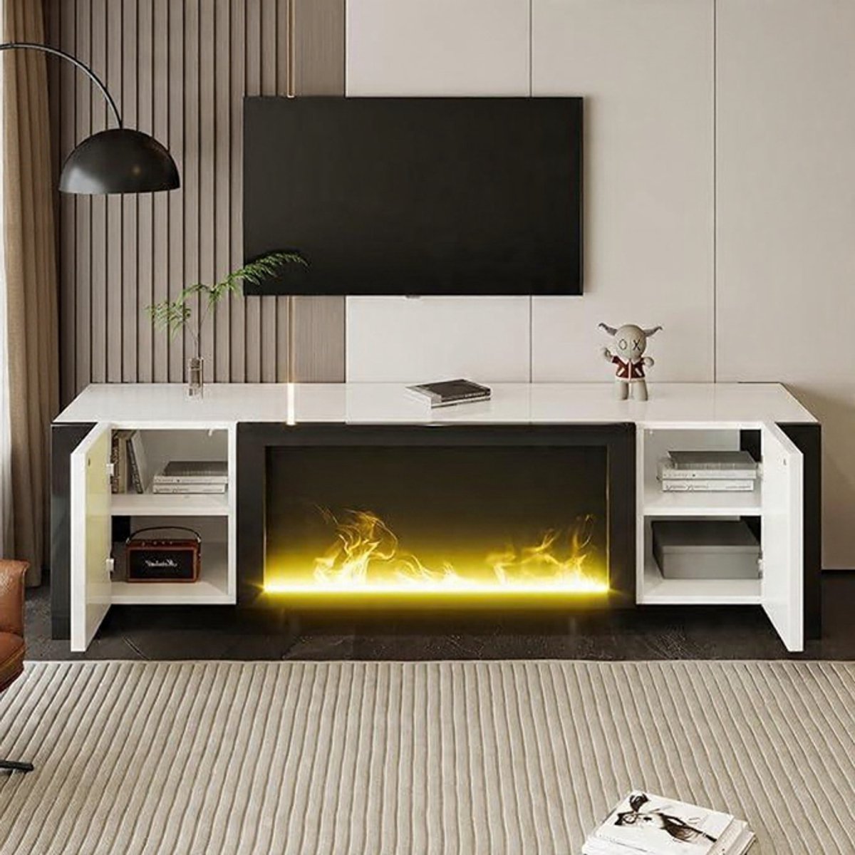 TV Meubel met Elektrische Sfeerhaard 165x55x32 cm – Hoogglans Wit/Zwart TV Kast met Realistisch Vlameffect, Opbergruimte en Push-to-Open Deuren – Moderne Lowboard zonder Verwarming – Urbanhome