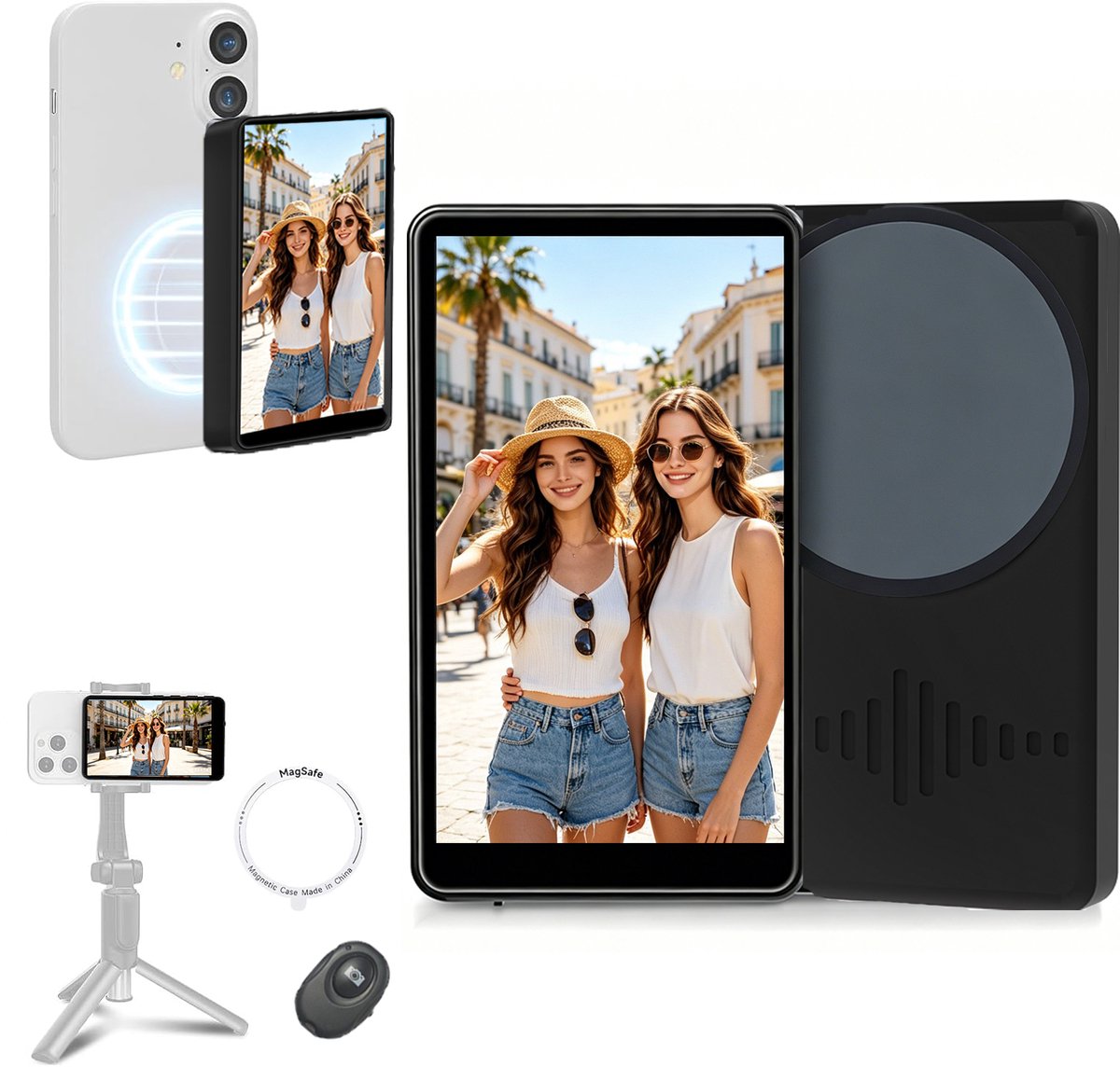 Fokelyi-Selfie Monitor voor Telefoon -Selfiemonitor achtercamer-Draadloos en magnetisch-Inclusief afstandsbediening en magnetische ring-Zwart