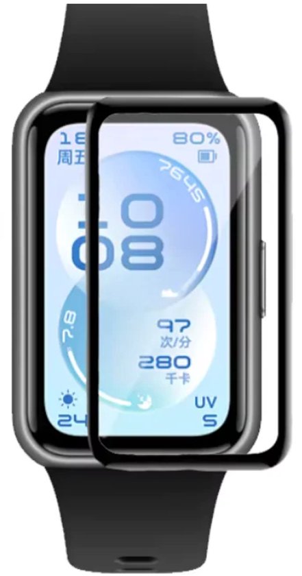 Transparante screenprotector van PMMA met zwart frame voor Huawei Band 11. Toont 80% batterij.